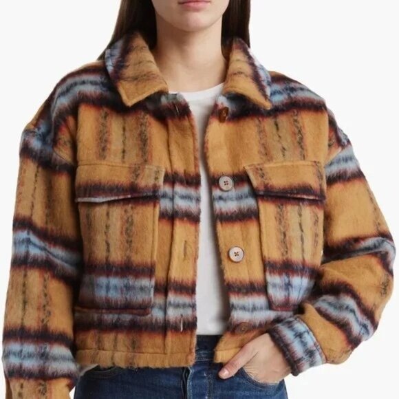 Vigoss M Brushed Plaid Crop Jacket Faux Fur Aztec Western Shacket Chest Pocket - Picture 1 of 16